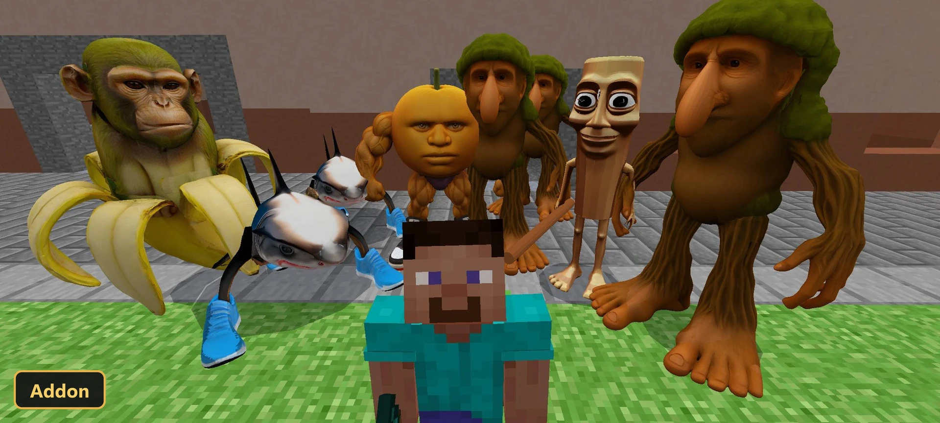 player with custom mobs including monkey, shark, and orange head