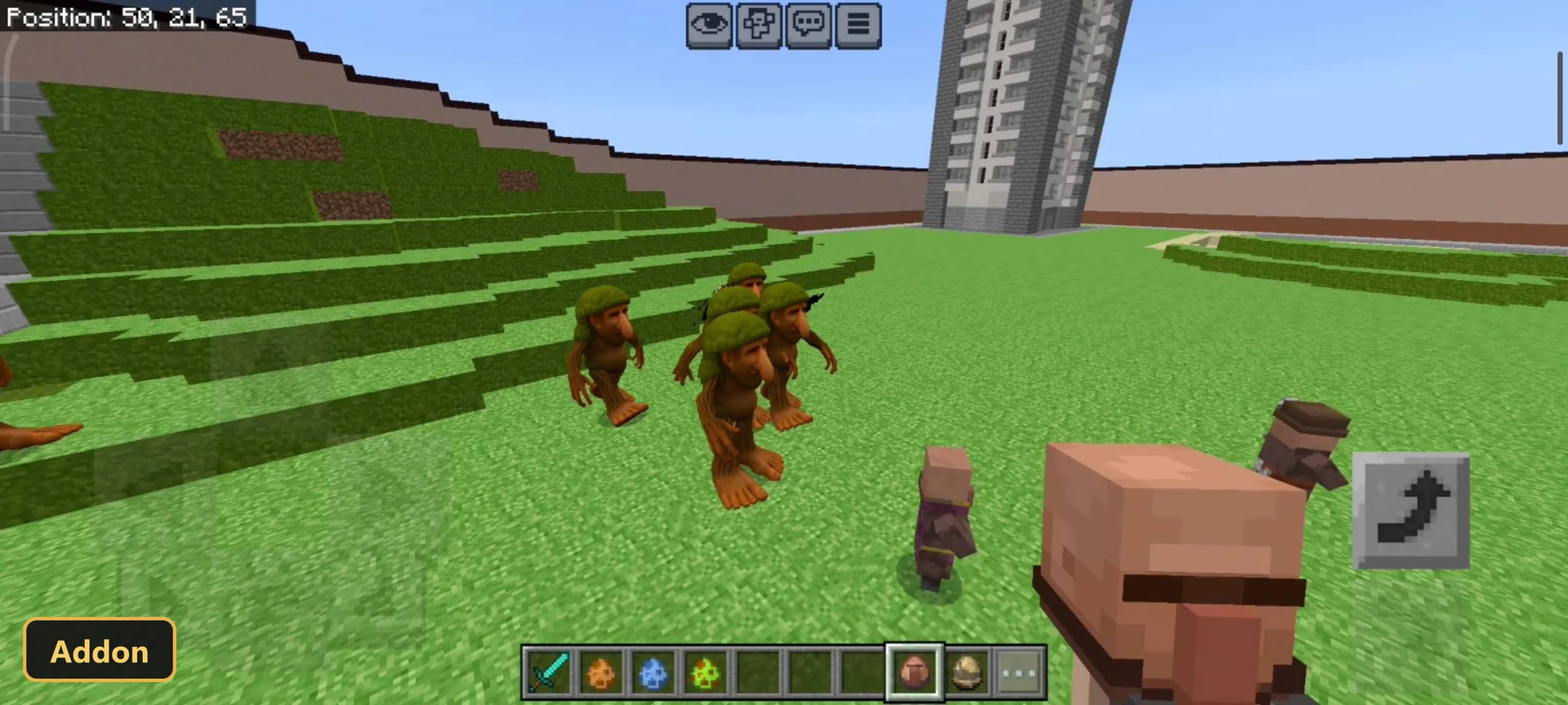 multiple custom mobs and villagers in open grass field