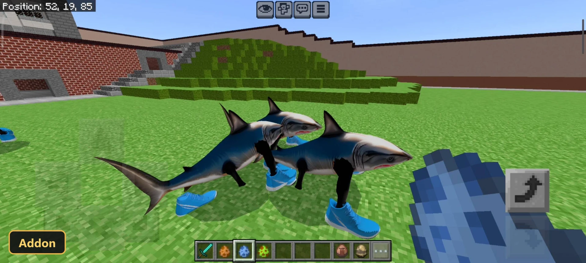 two custom shark mobs in blue sneakers on grass