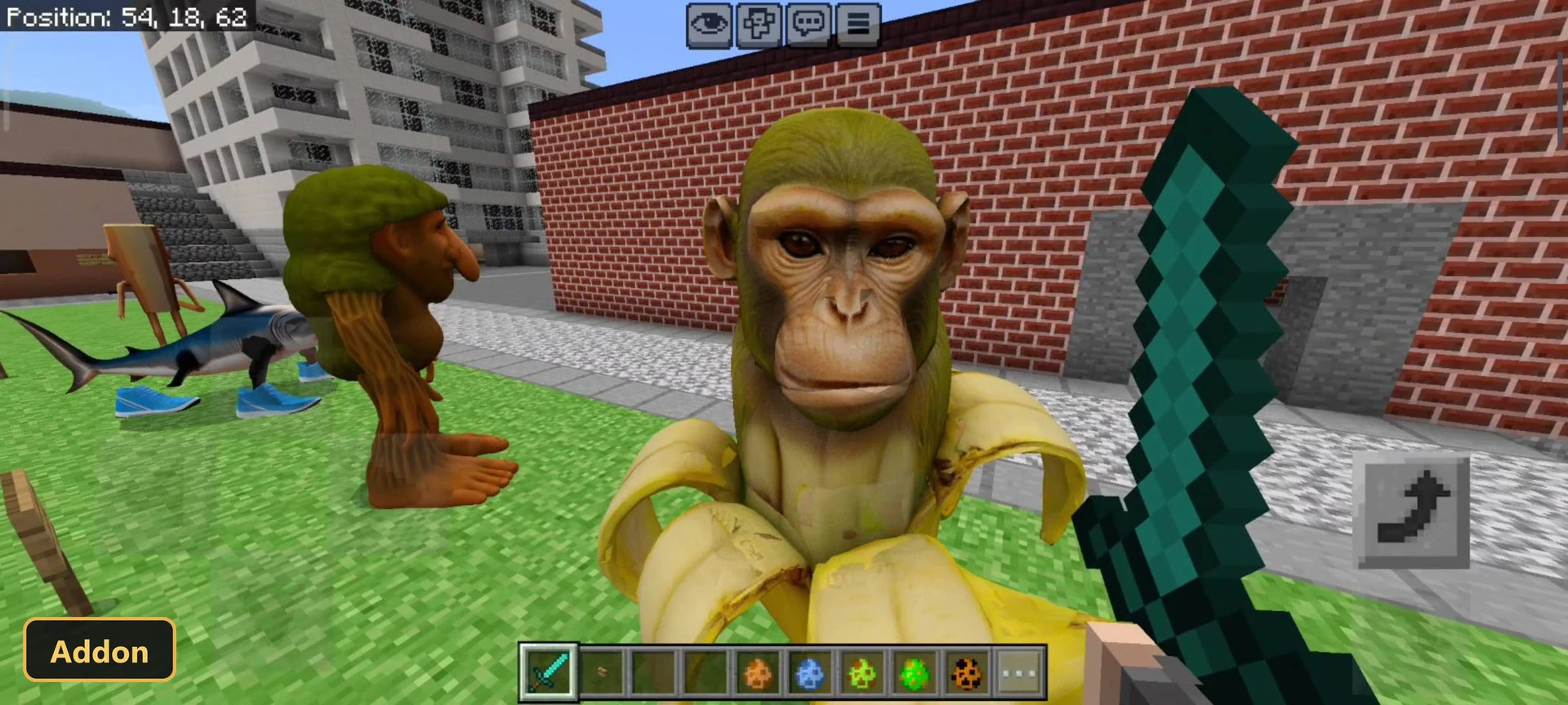 player with sword facing custom monkey and other mobs