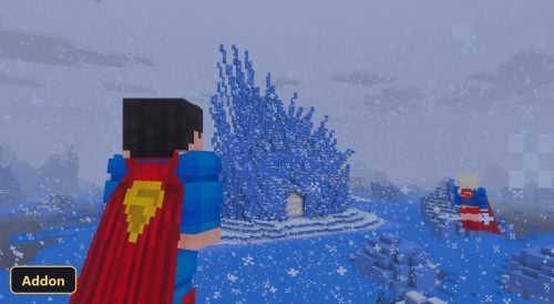 Superman in snowy biome, looking at blue ice fortress, snowing