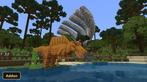 large orange dinosaur by a lake in a forest