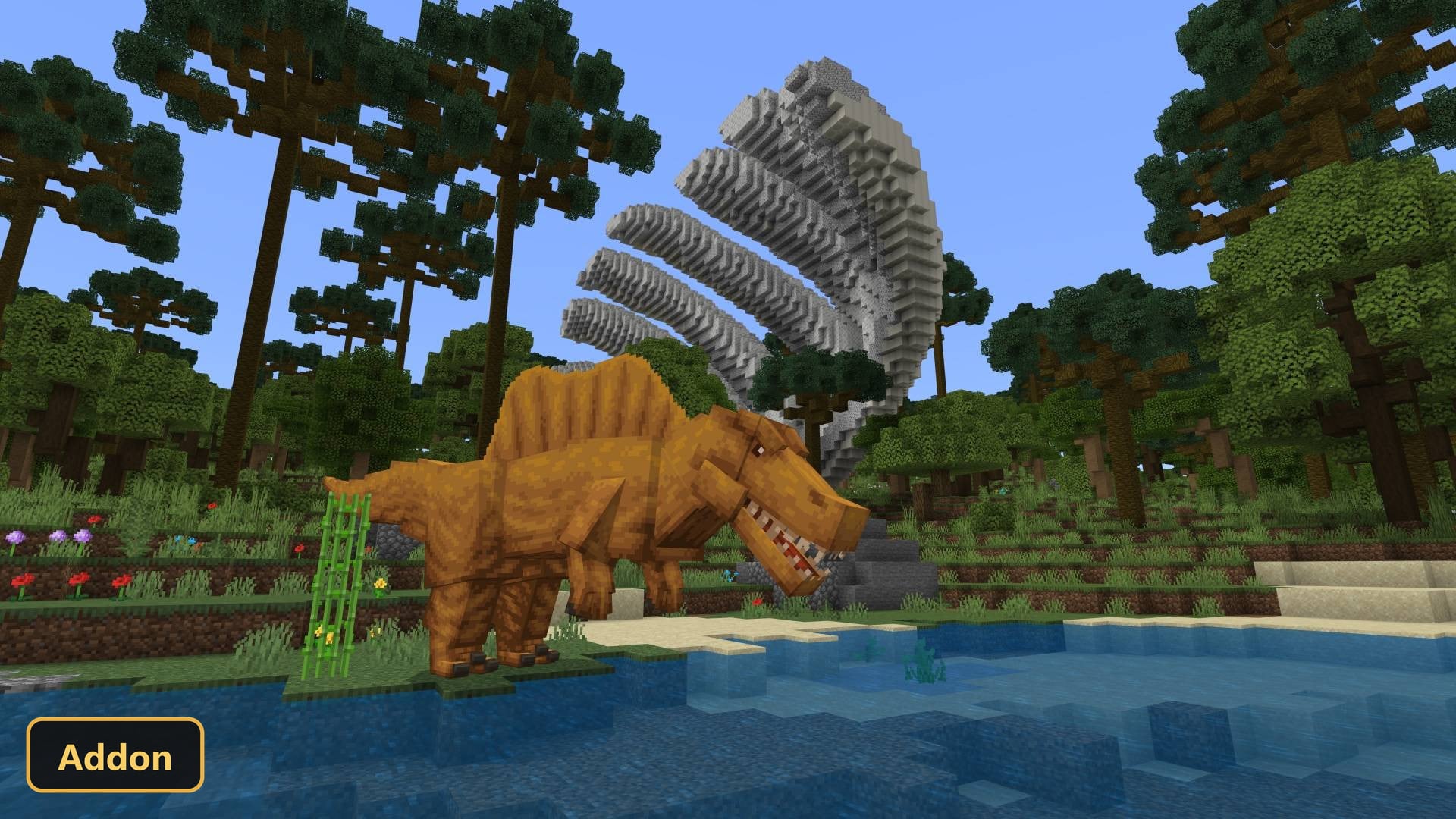 large orange dinosaur by a lake in a forest
