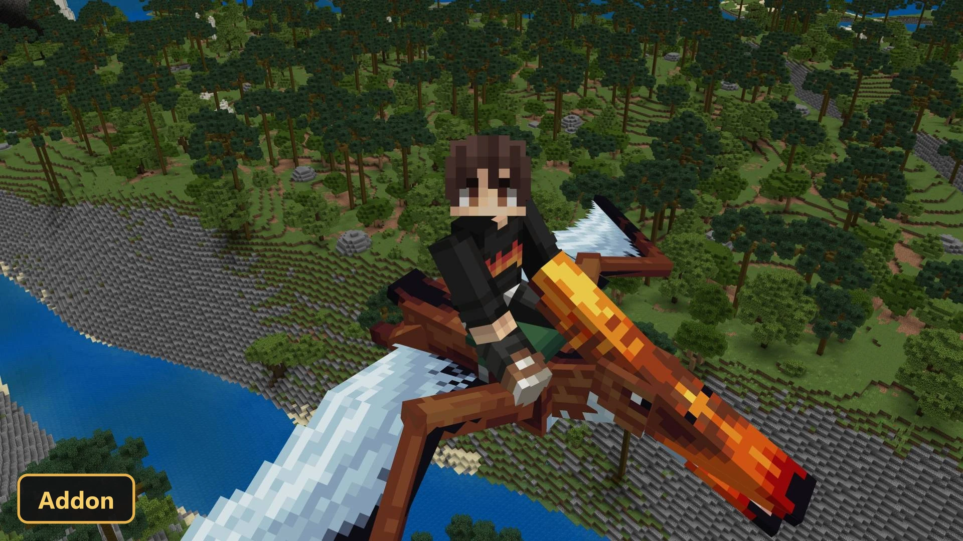player riding a pterodactyl over a vast forest landscape