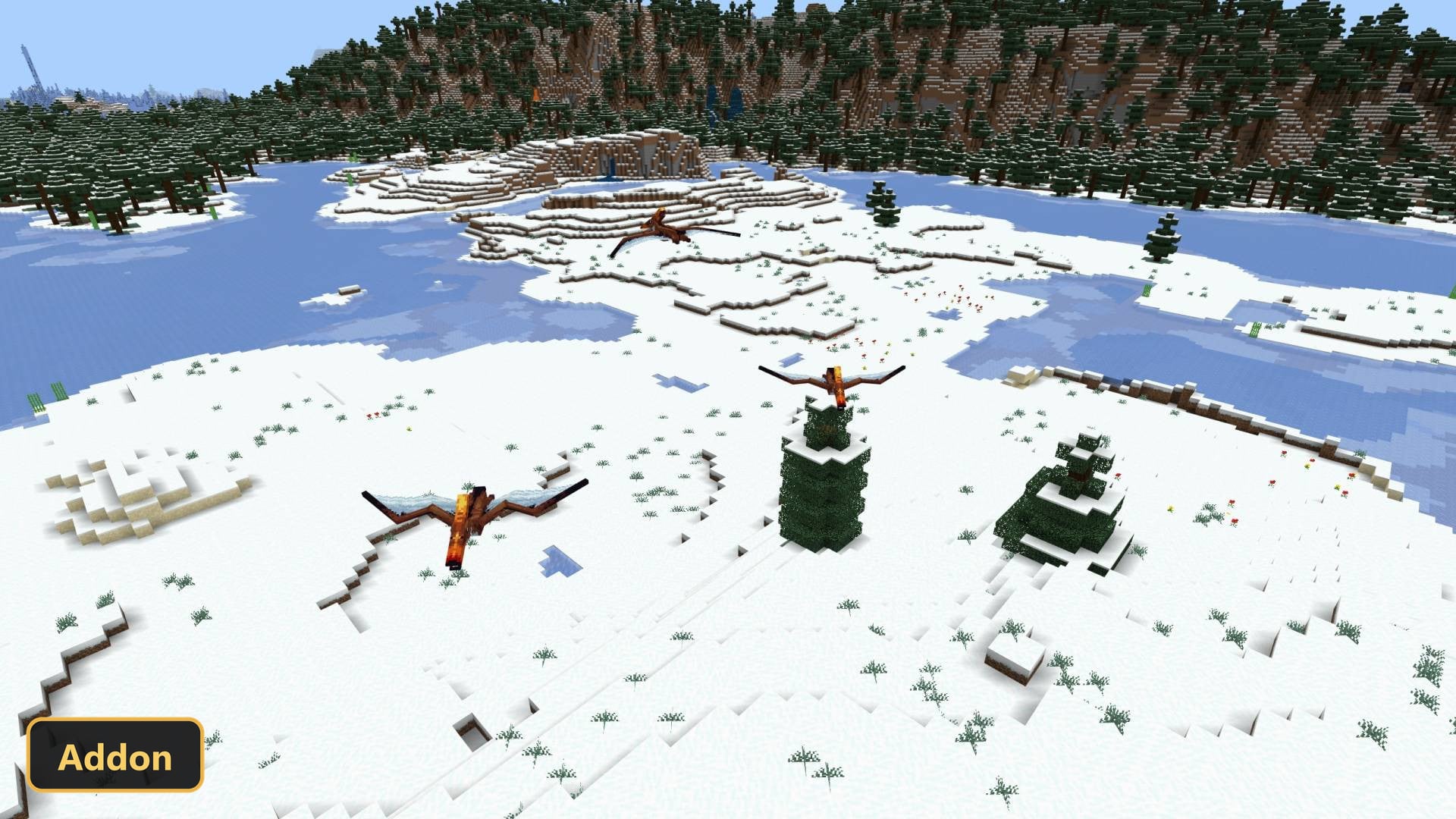 two pterodactyls flying over a snowy landscape with frozen lake