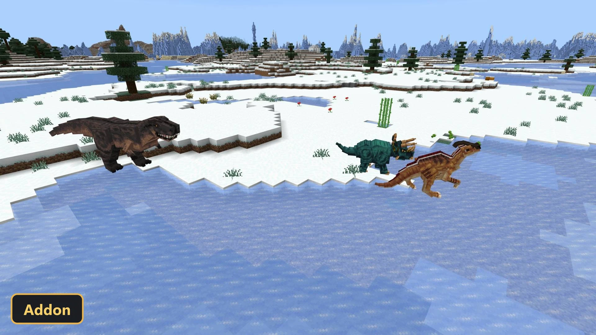 three dinosaurs walking on a frozen lake in a snowy biome