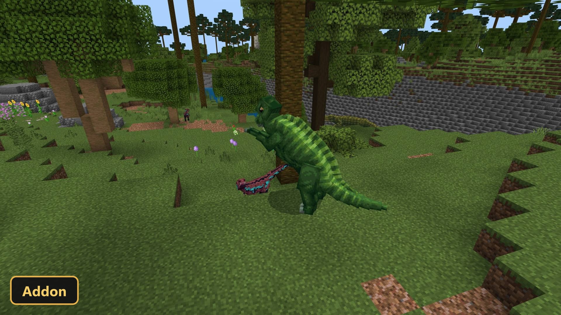 green dinosaur with a colorful tail in a lush forest