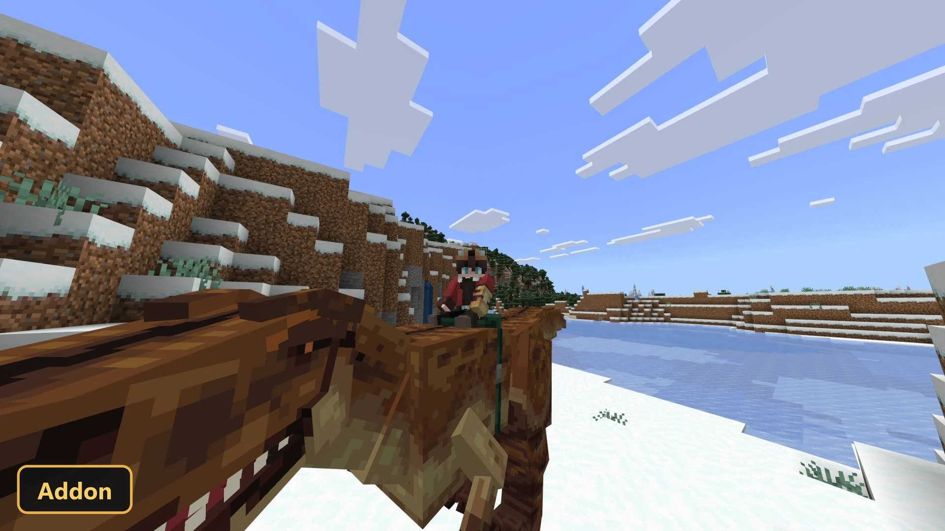 player riding a dinosaur on a snowy cliff overlooking a frozen lake