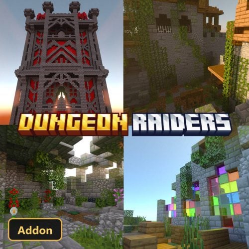four different scenes: tower, overgrown ruins, colorful stained glass, and courtyard