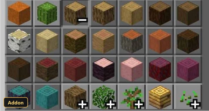grid of various block textures: wood logs, cactus, leaves