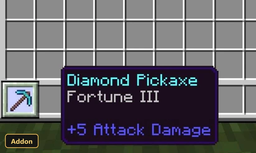 inventory screen showing a diamond pickaxe with Fortune III enchantment