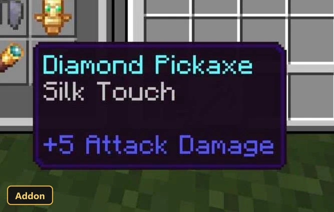 inventory screen showing a diamond pickaxe with Silk Touch enchantment
