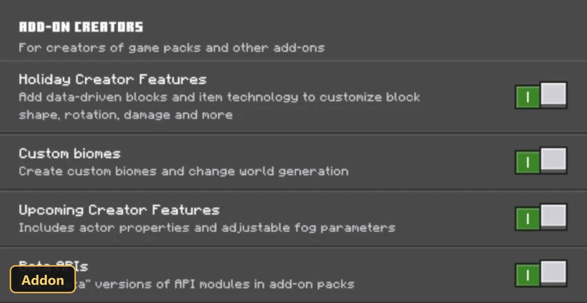 in-game settings menu for "Add-on Creators" with various toggles