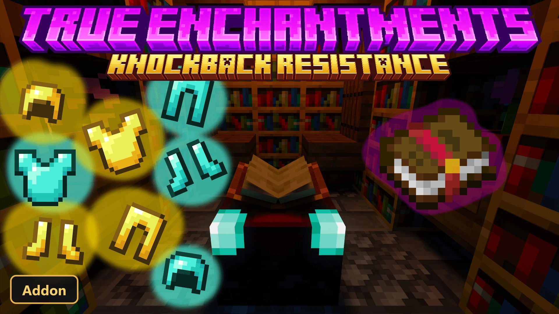 Enchanting table with floating armor pieces and enchanted book in library