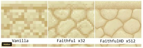 three comparisons of sandstone textures: vanilla, 32x, and 512x resolution