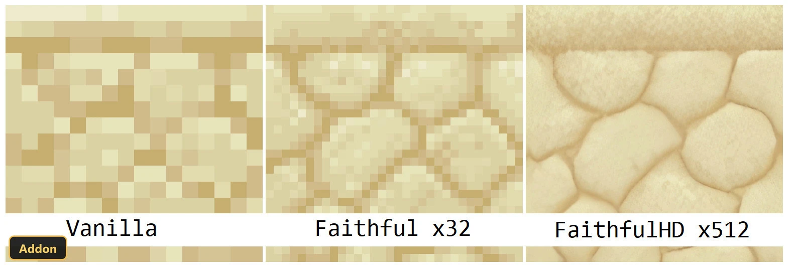 three comparisons of sandstone textures: vanilla, 32x, and 512x resolution