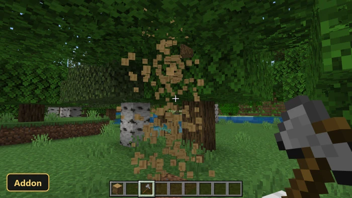 player chopping a tree in a forest, wood particles flying