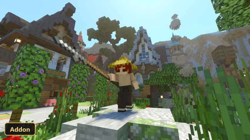 character with straw hat and axe in a medieval village