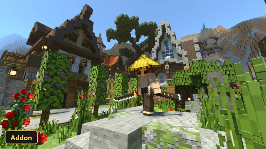 character with straw hat and two swords in a medieval village