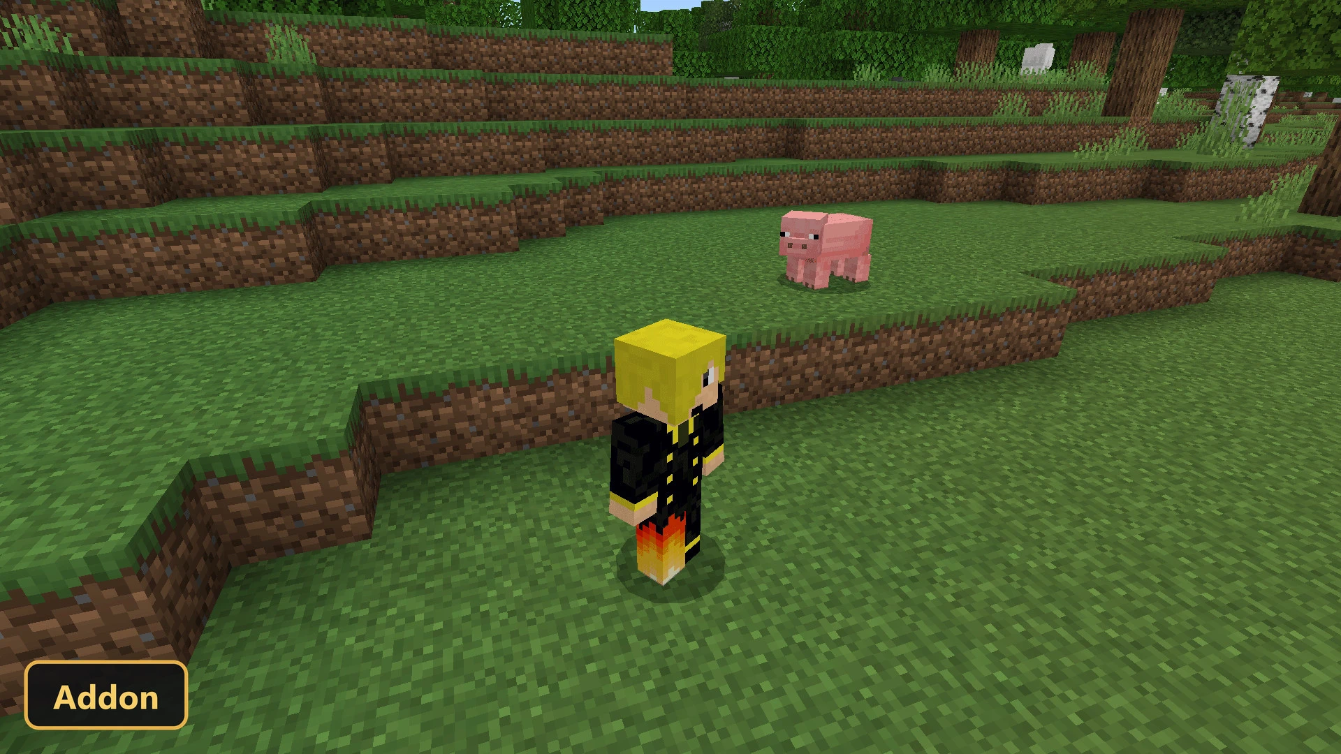 player standing in grassy field with a pig, forest in background