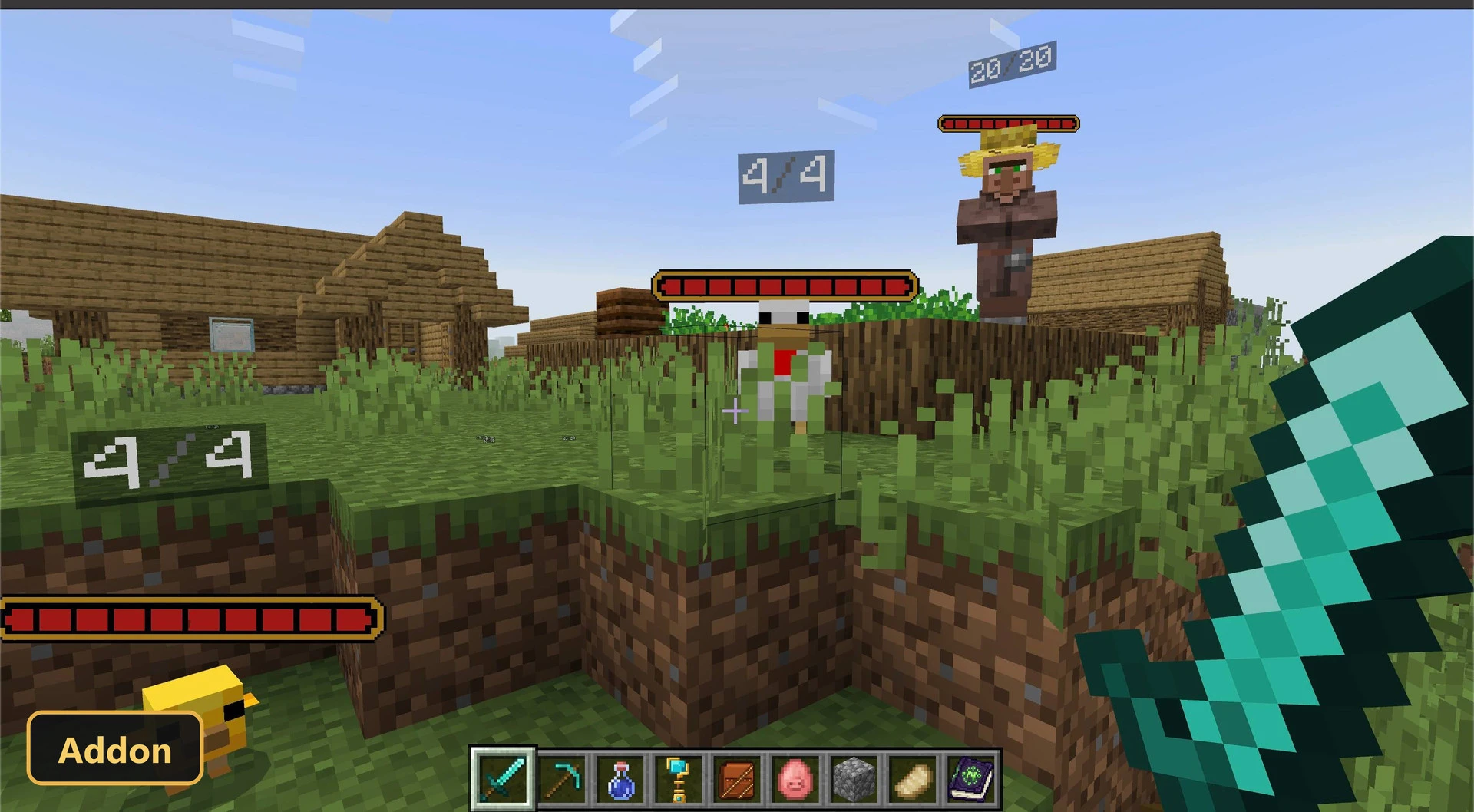 health bars above chicken, villager, and player