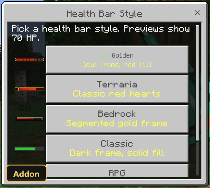 menu showing different health bar styles