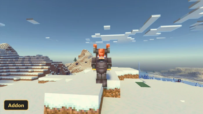 player wearing horned helmet and armor stands on a snowy block, winter biome