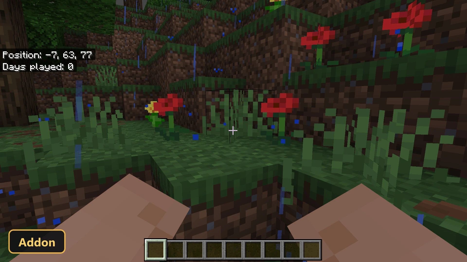 forest biome, rain, red and yellow flowers on a grassy hill