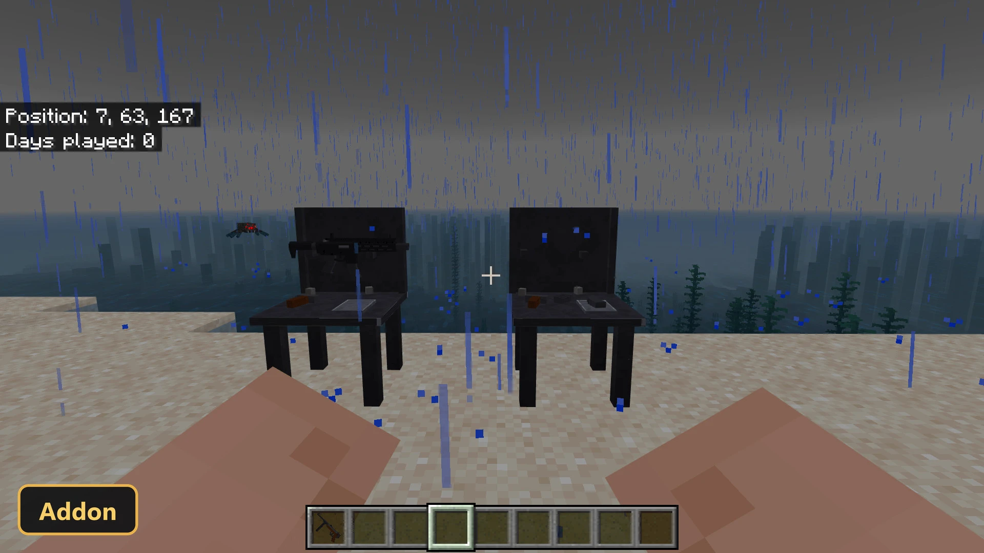 beach biome, rain, two chairs with weapons, spider in background