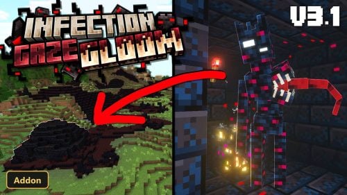 split screen: infected landscape, and a dark monster in a dungeon