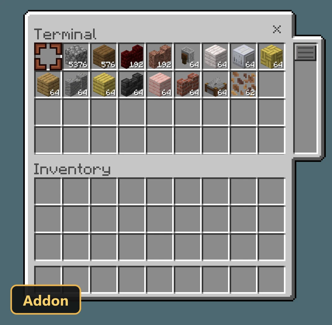 user interface showing terminal inventory with various blocks