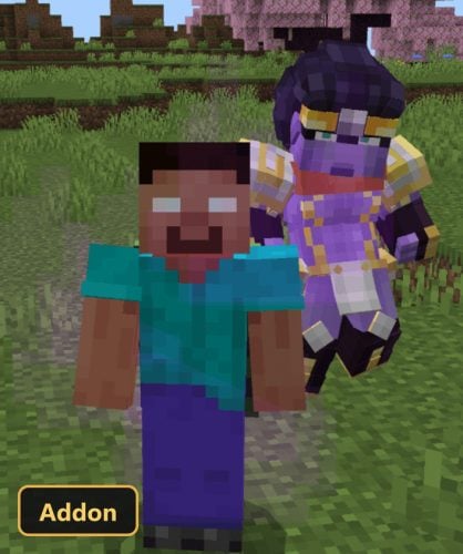 Herobrine character and purple-gold stand in a grassy field
