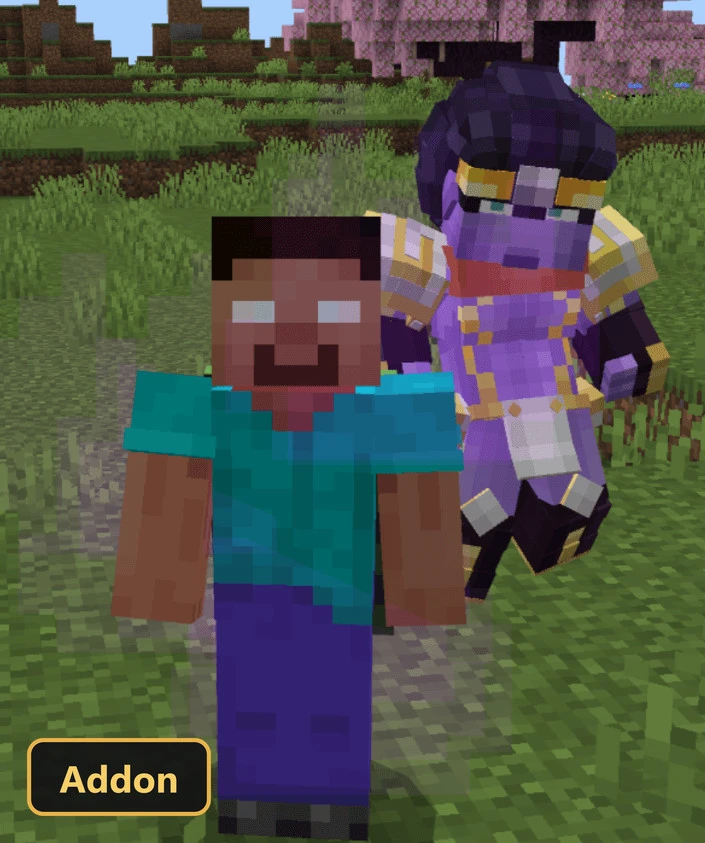 Herobrine character and purple-gold stand in a grassy field