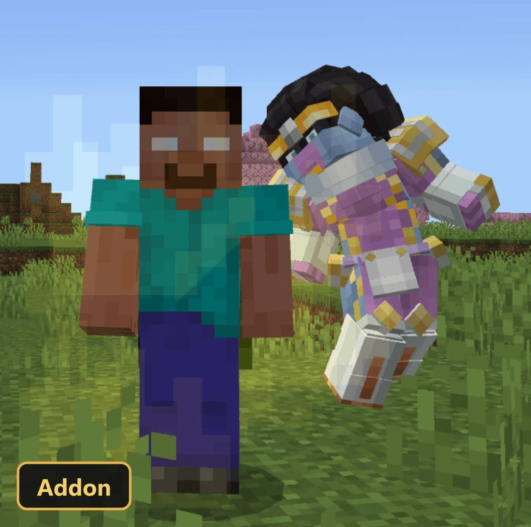 Herobrine character and white-purple stand in a grassy field