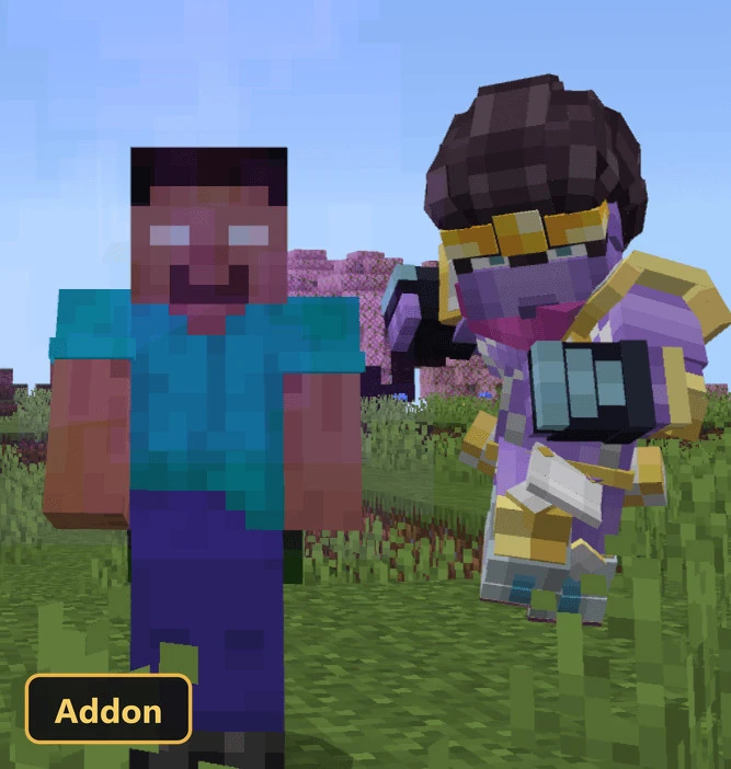 Herobrine character and purple-gold stand in a grassy field