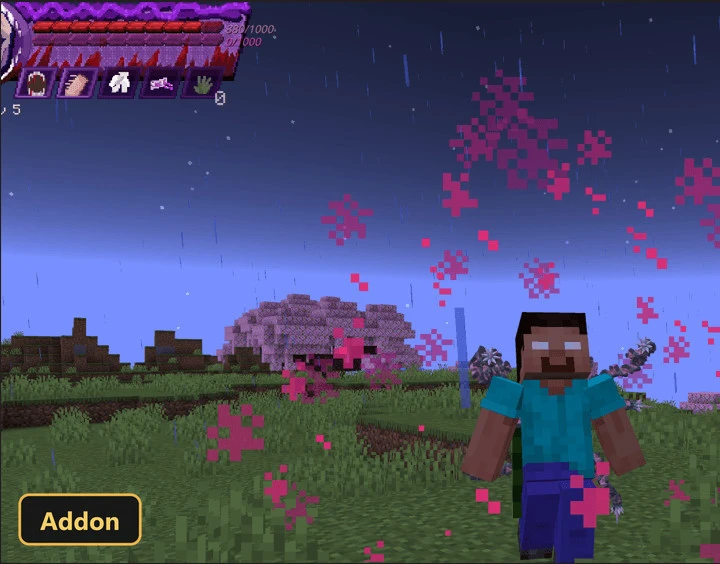 Herobrine character amid pink particles in a rainy field