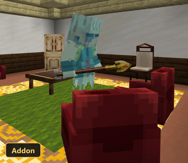 blue-white ghost-like character holding a golden trident indoors