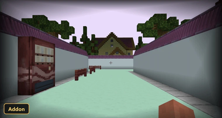 narrow outdoor path with a vending machine and distant house
