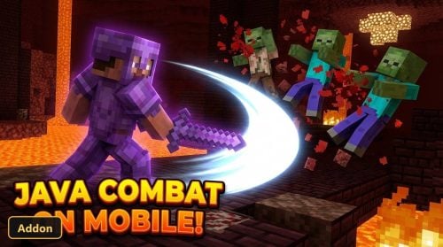 Player in purple armor fighting zombies in the Nether with a glowing sword attack