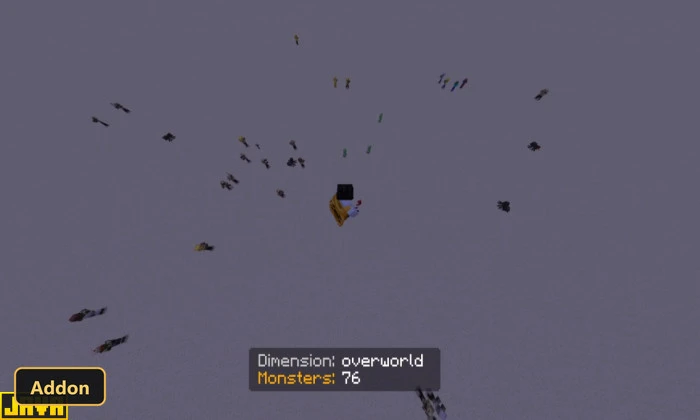 player floating high above many mobs in the overworld