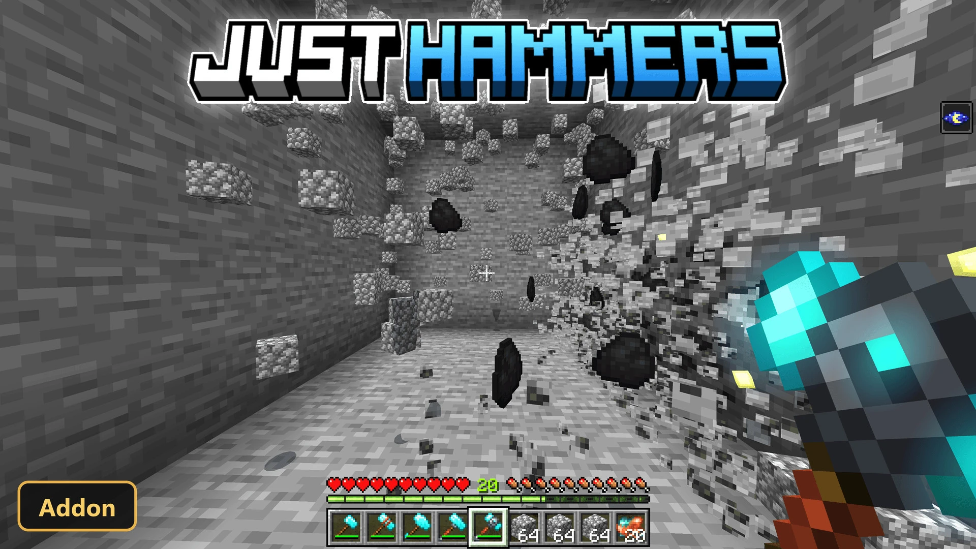player mining a large area of stone and coal with a hammer
