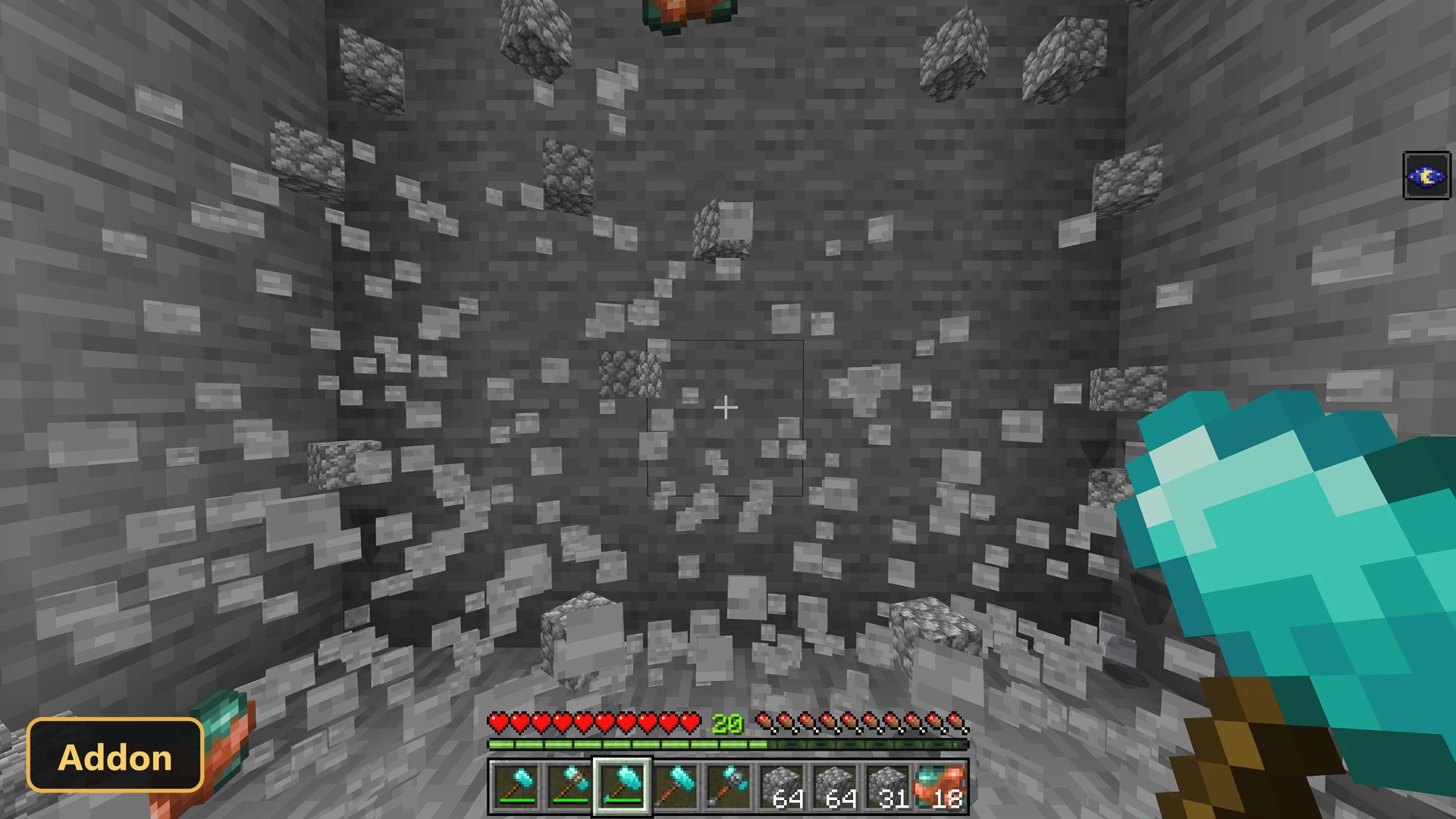 player mining a large area of stone blocks with a hammer