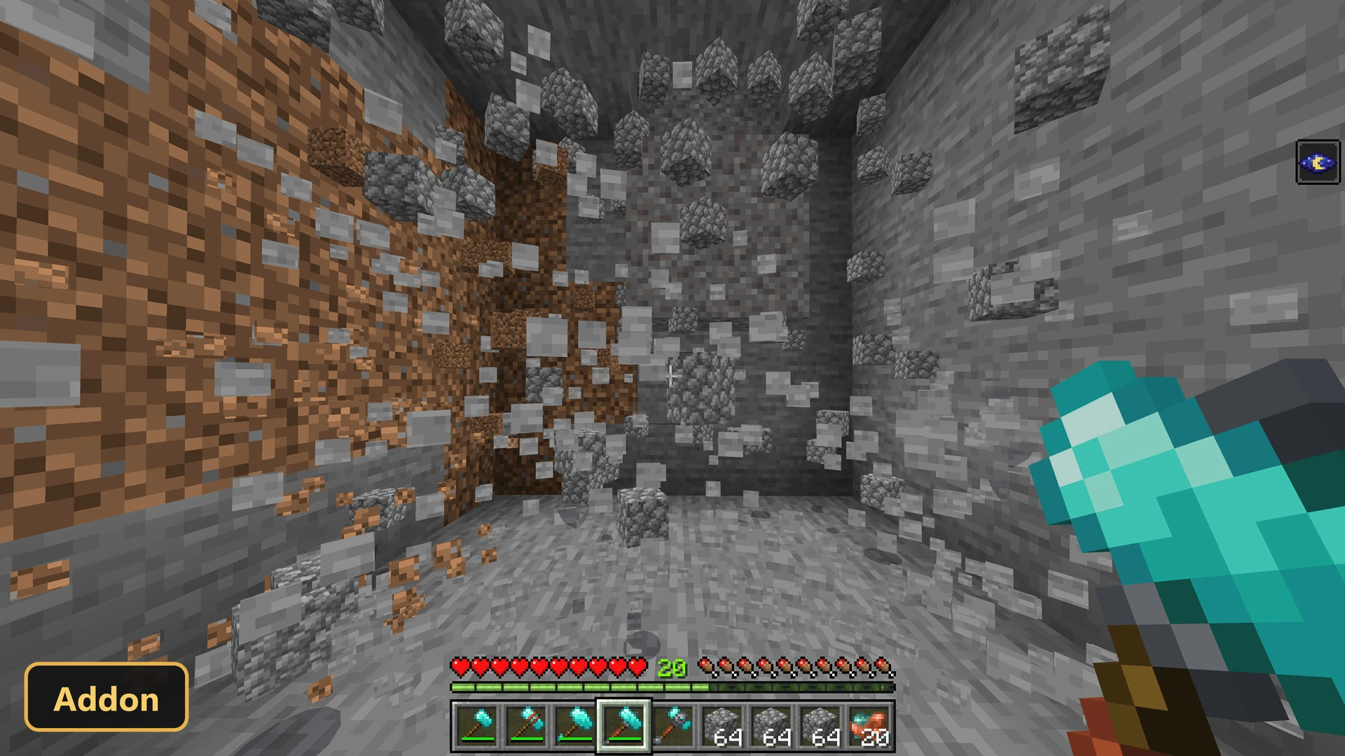 player mining a large area of stone and dirt blocks with a hammer