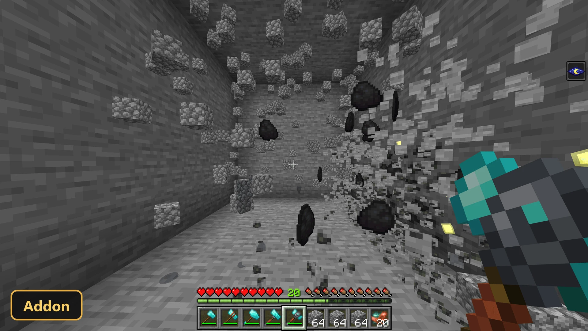 player mining a large area of stone and coal with a hammer