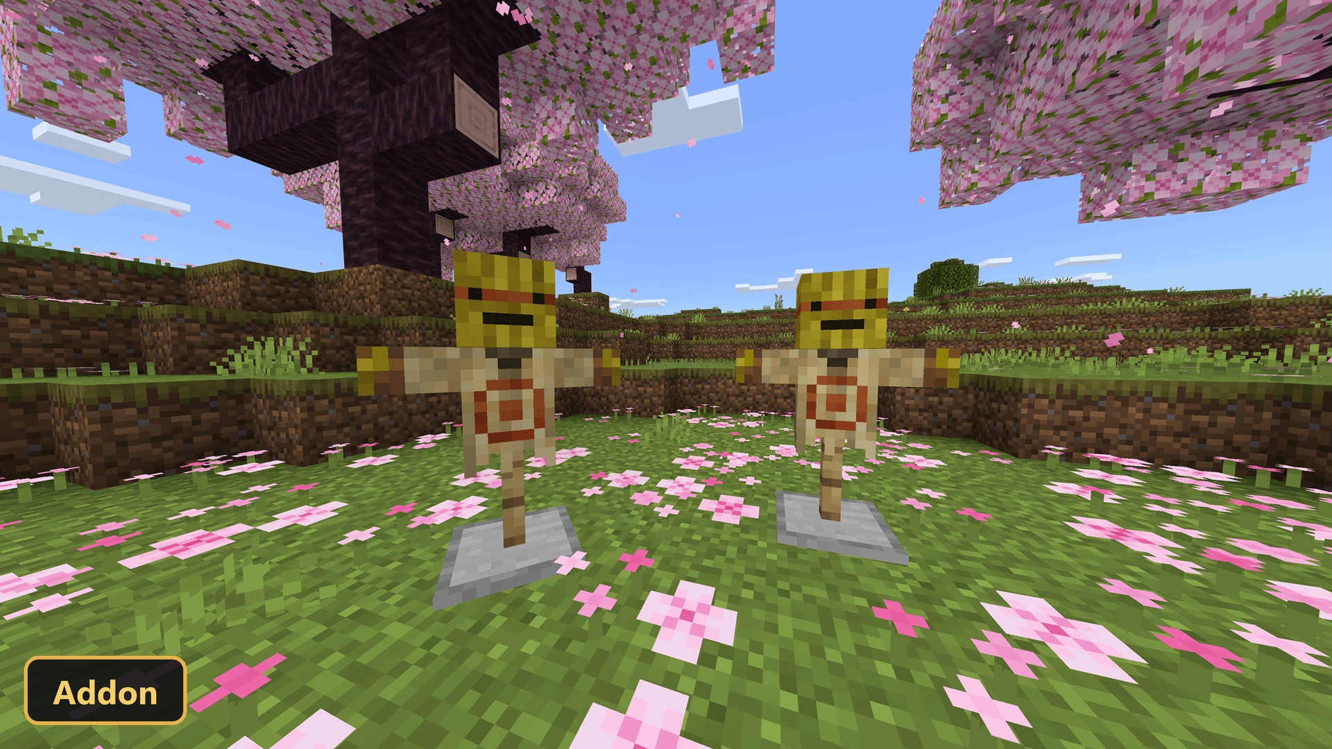cherry blossom biome, two target dummies, pink petals on ground