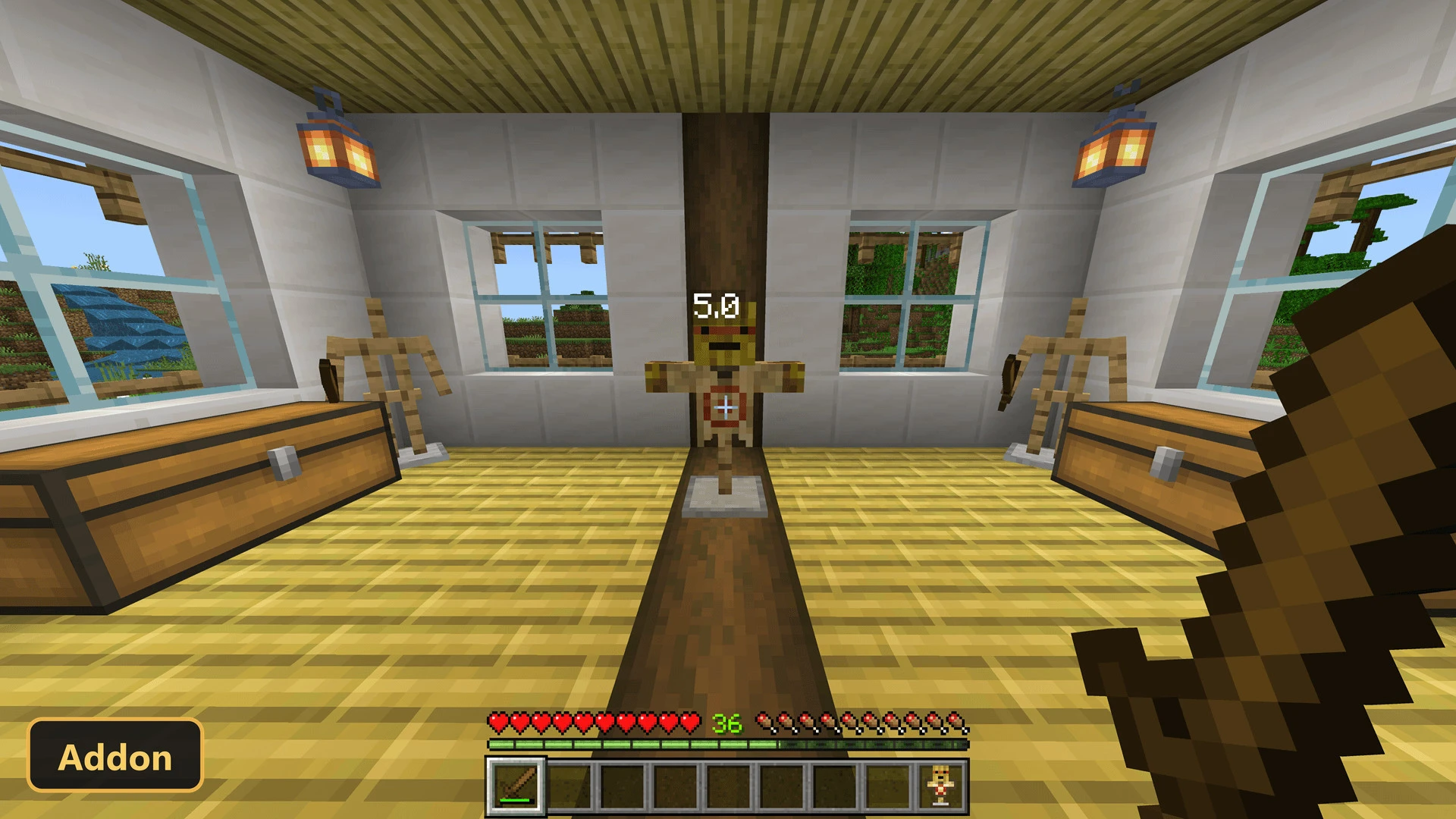 indoor scene, target dummy in a wooden house, player perspective