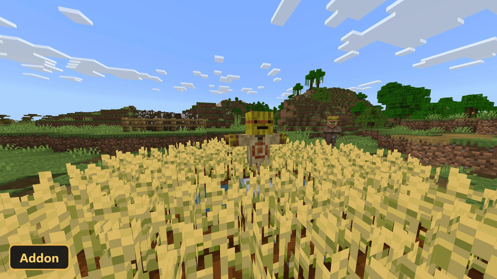 wheat field, target dummy and villager, savanna hills in background
