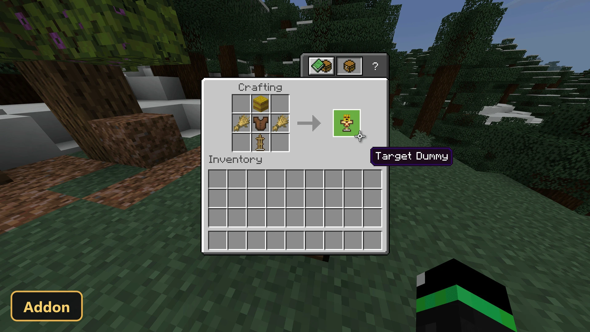 crafting interface, target dummy recipe, snowy forest background