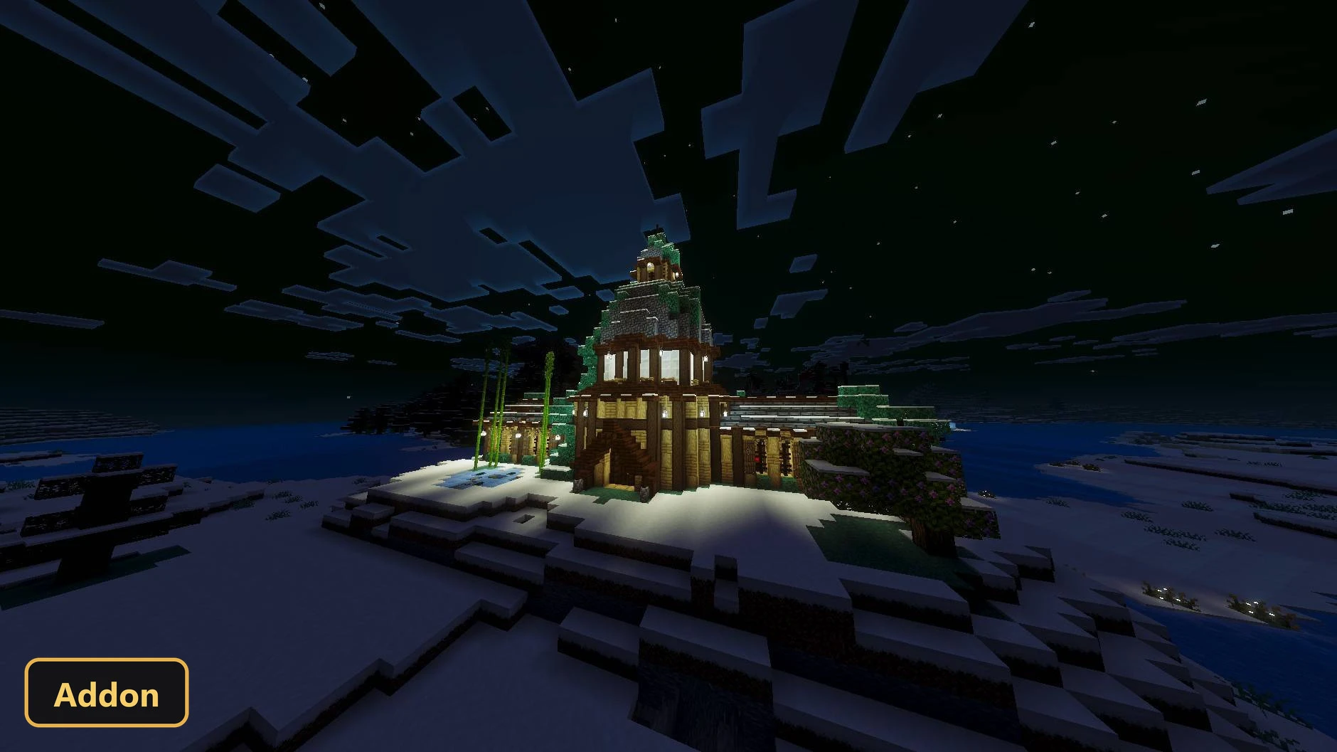 ornate building on snowy island at night, glowing windows, tall bamboo