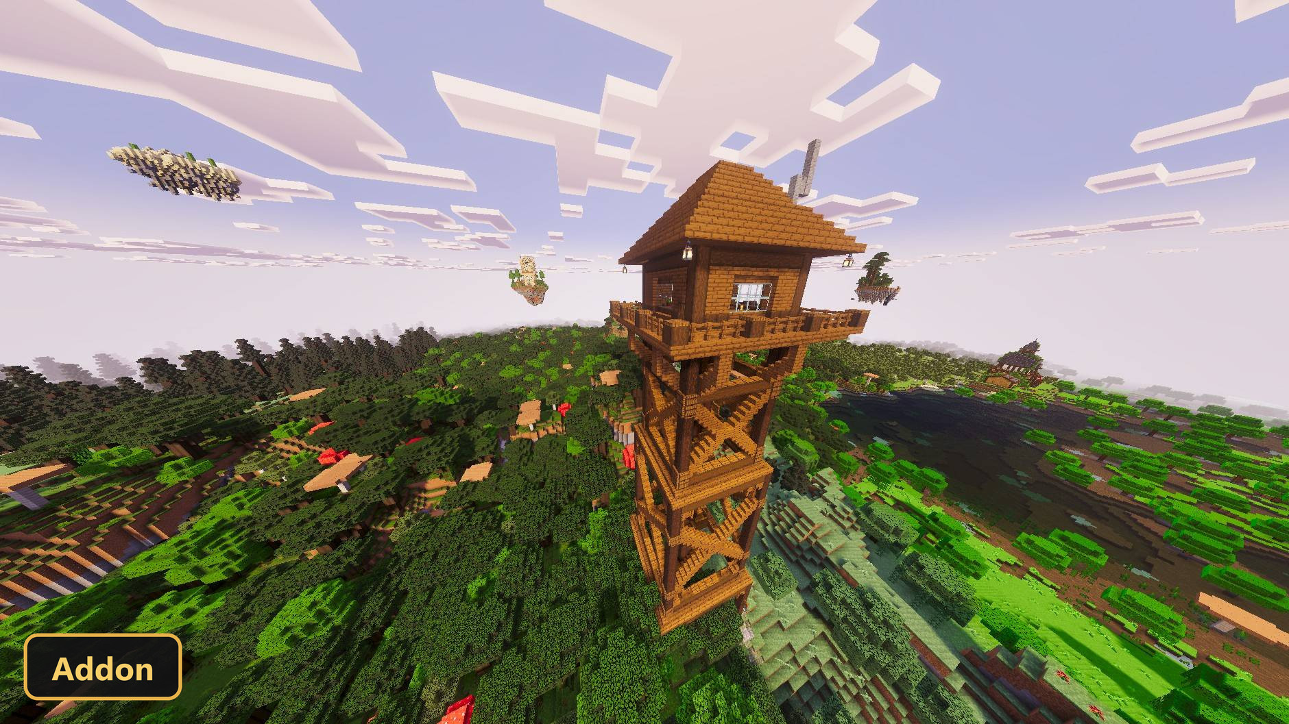 tall wooden lookout tower in a lush green forest, bright sky